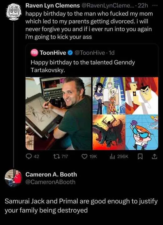 A screenshot of a Twitter thread shows a user angrily wishing a birthday to Genndy Tartakovsky, the creator of 'Samurai…
