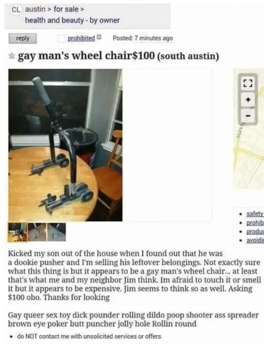 A Craigslist ad screenshot shows a bizarre, mechanical device with wheels and a handle on a wooden table, labeled 'gay man's…