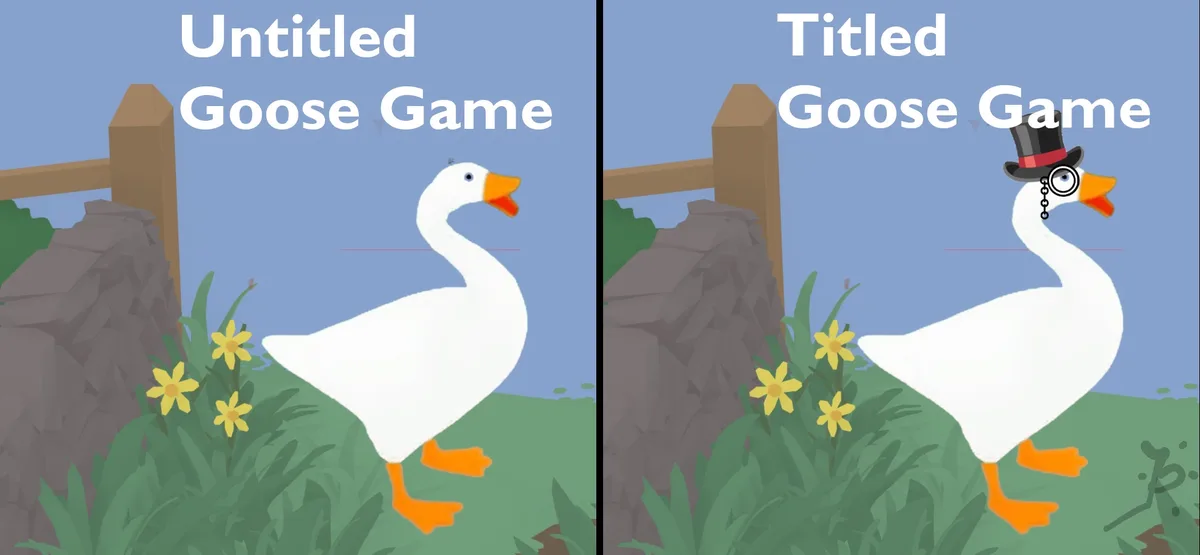 The image shows two side-by-side panels of a cartoon goose in a grassy area with yellow flowers and a wooden fence. The left…