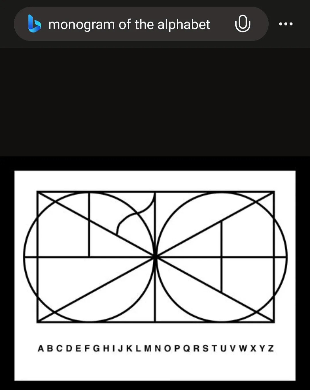 A black-and-white image displays a geometric design with two overlapping circles inside a rectangle, divided by lines into…