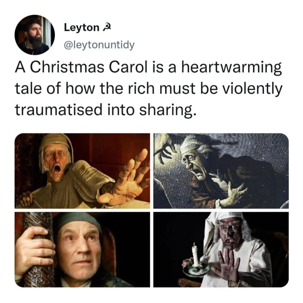 The image displays a four-panel grid of stills from the 2009 film 'A Christmas Carol,' showing Ebenezer Scrooge reacting…