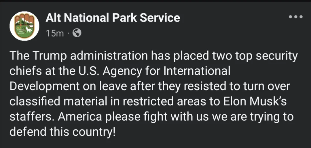 A screenshot of a social media post from a fake account called 'Alt National Park Service' with a parody logo. The post…