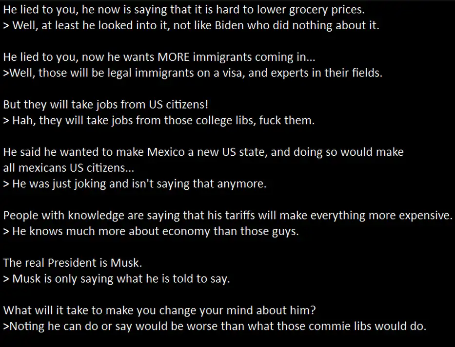 A black background with white text displaying a dialogue-style argument about a political figure's policies and statements…