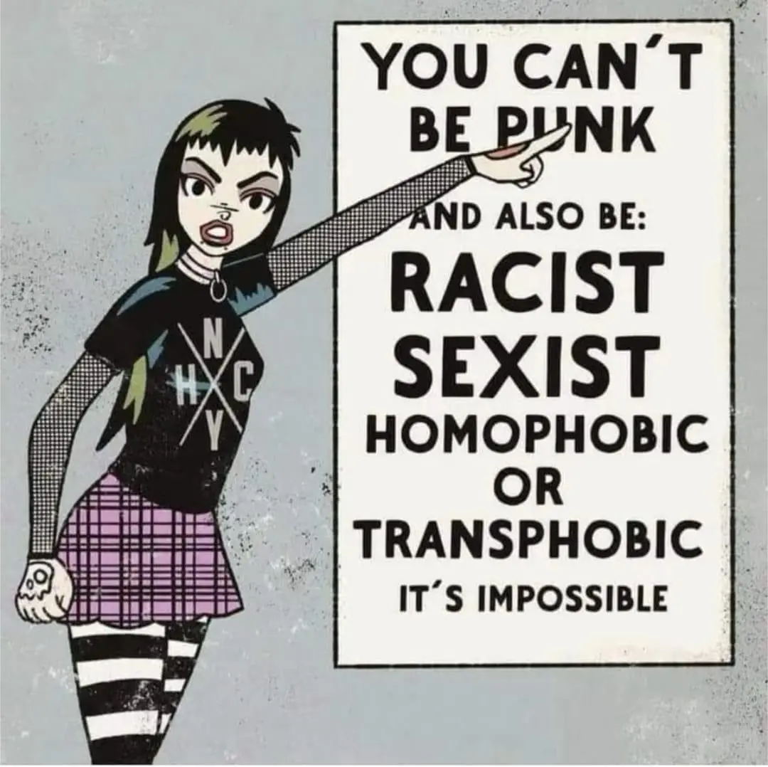 An illustrated punk girl with short dark hair, a black t-shirt with 'NYC' crossed out, a plaid skirt, and striped tights…
