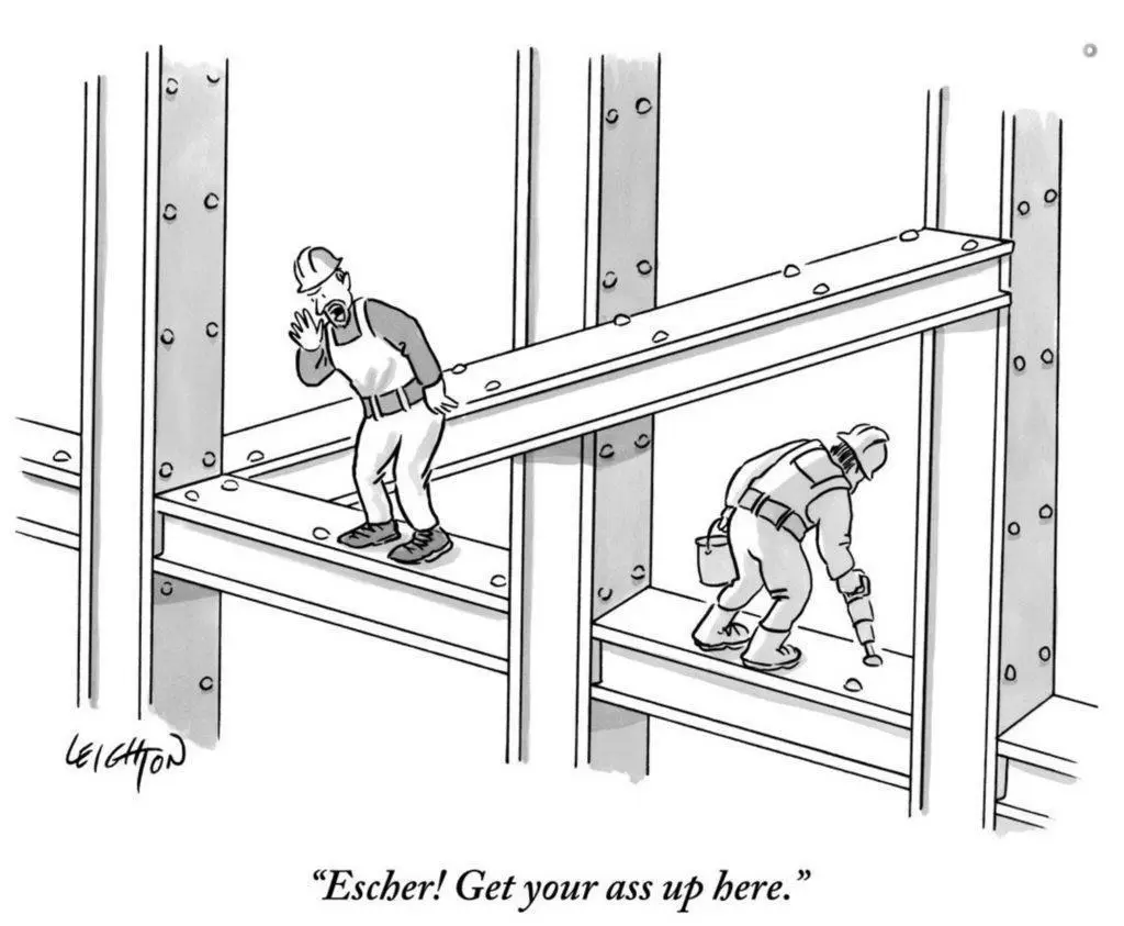 A black-and-white cartoon depicts two construction workers on a steel beam structure. One worker stands on a higher beam…