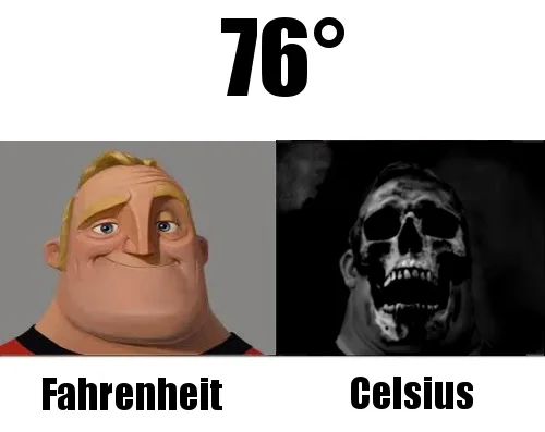 The image displays a split-screen meme. On the left, a cartoon man with a smug expression is labeled 'Fahrenheit'. On the…