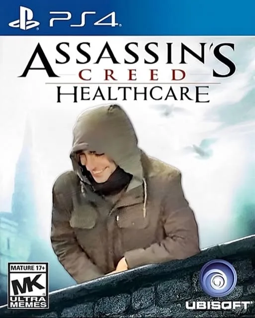 The image is a parody video game cover for a PlayStation 4, featuring a hooded character from Assassin's Creed smiling while…