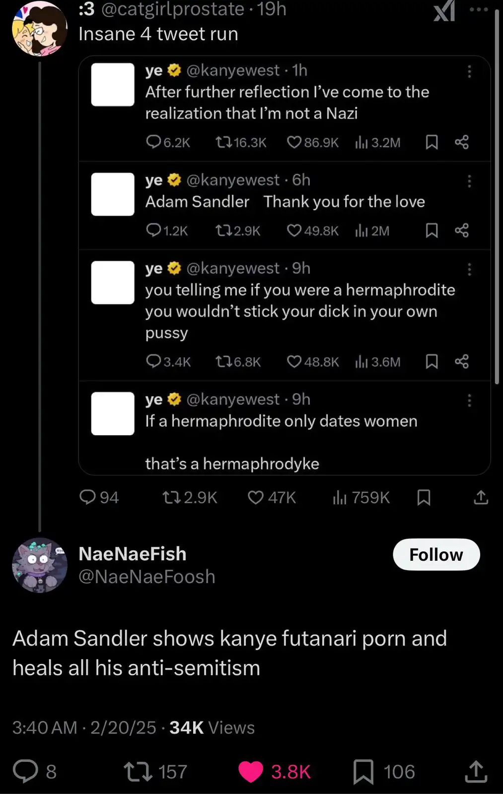 A screenshot of a Twitter thread showing four tweets from Kanye West's account, including one where he says he's not a Nazi…