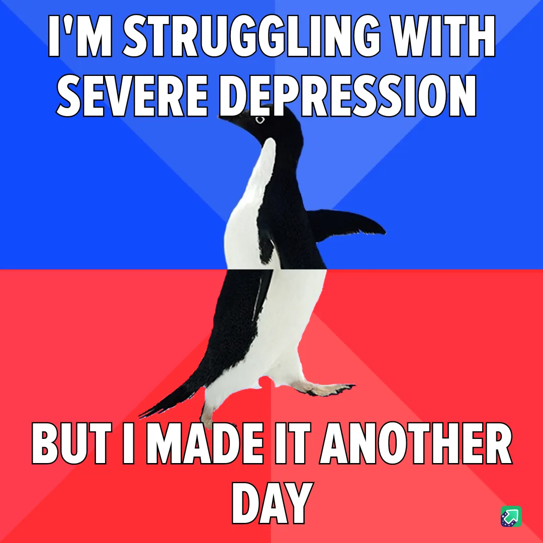 A black-and-white penguin stands upright against a split blue and red background. The top text reads 'I'M STRUGGLING WITH…