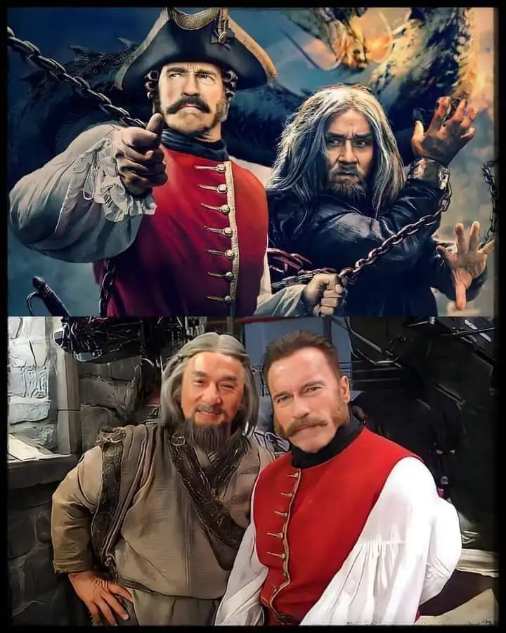 The image is split into two panels. The top panel shows two men in pirate-themed costumes: one in a red vest pointing…