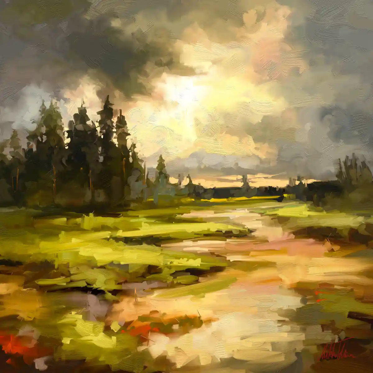 A painterly digital artwork depicts a dramatic landscape with a bright sun breaking through dark, textured clouds over a…