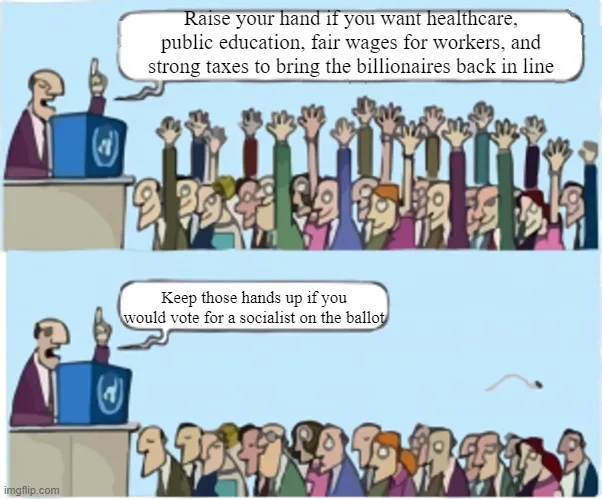 A two-panel cartoon shows a speaker at a podium asking an audience to raise their hands for progressive policies like…