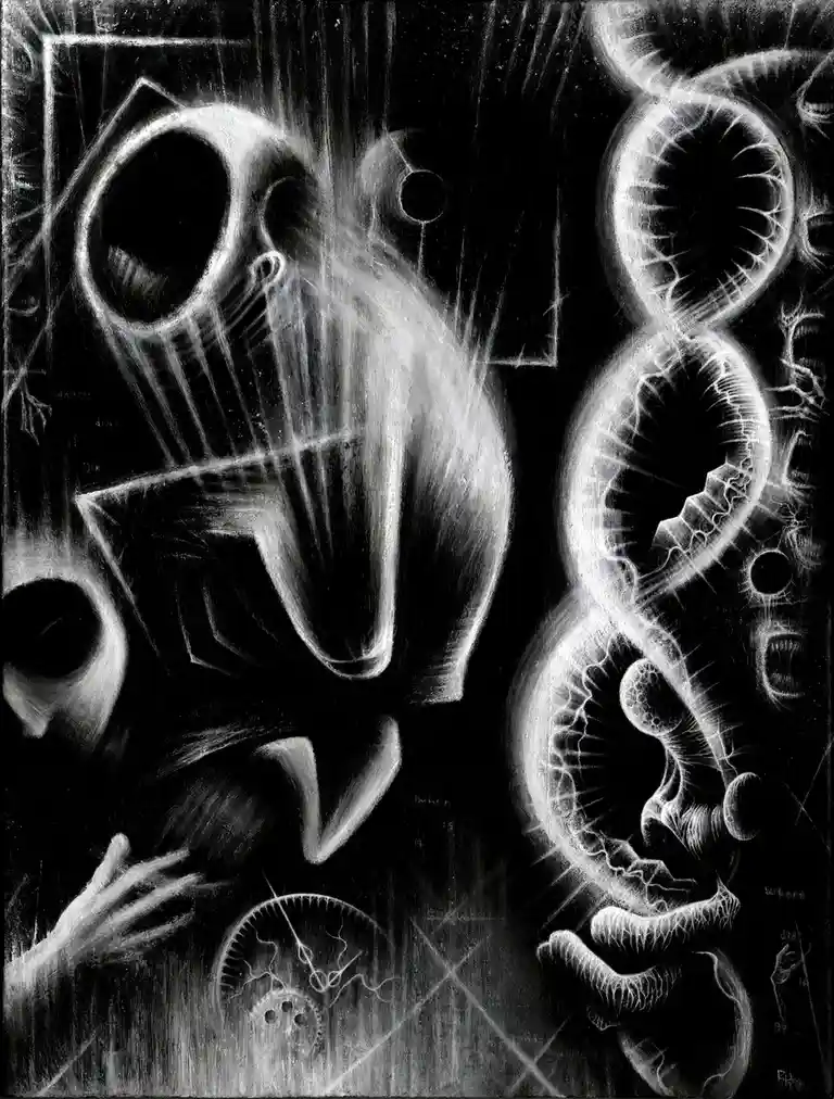A black-and-white surreal painting depicts abstract, distorted faces and forms with glowing white outlines against a dark…