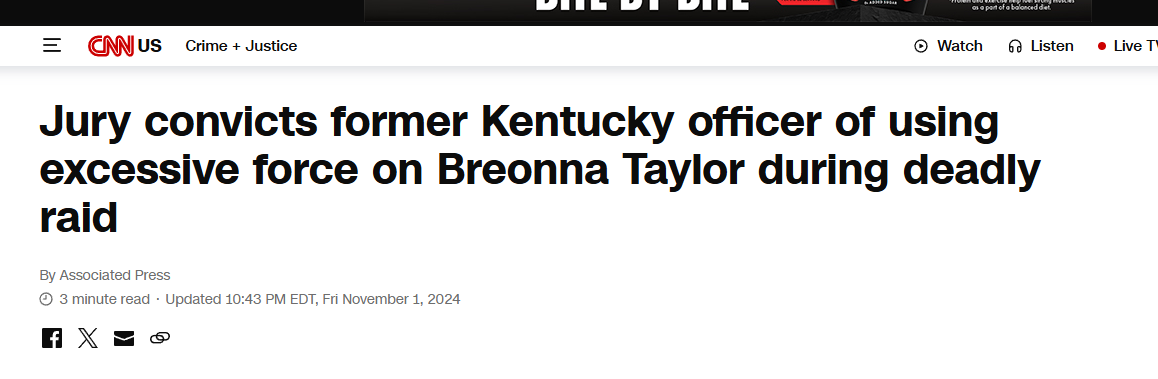 A screenshot of a CNN US news article headline reading 'Jury convicts former Kentucky officer of using excessive force on…