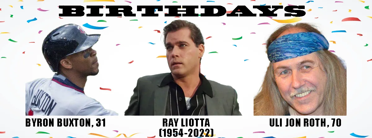 The image displays three men side-by-side against a white background with colorful confetti. From left to right: a baseball…