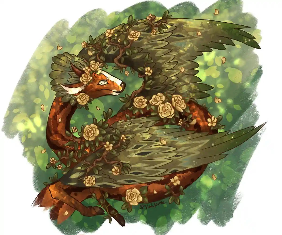 A stylized illustration of a fox with large, leafy wings and vines of cream-colored roses growing across its body, set…