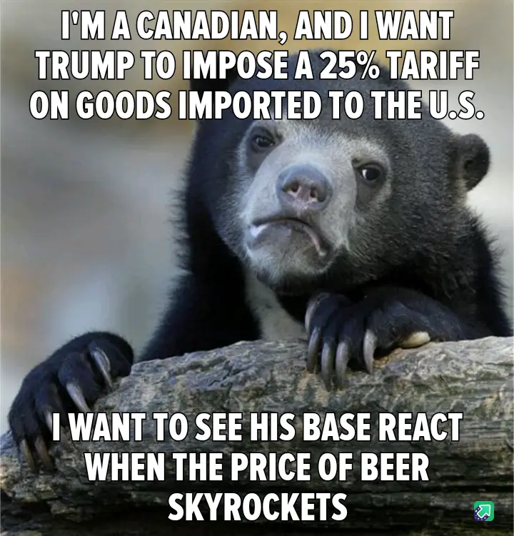 A black bear with a pensive, slightly annoyed expression rests its paws on a log. White bold text is overlaid in two…