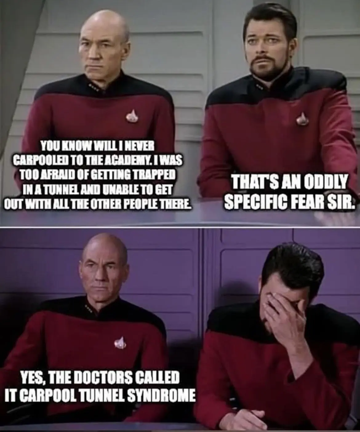 Two Star Trek characters sit side by side. The top panel shows one character stating he never carpooled to the academy due…