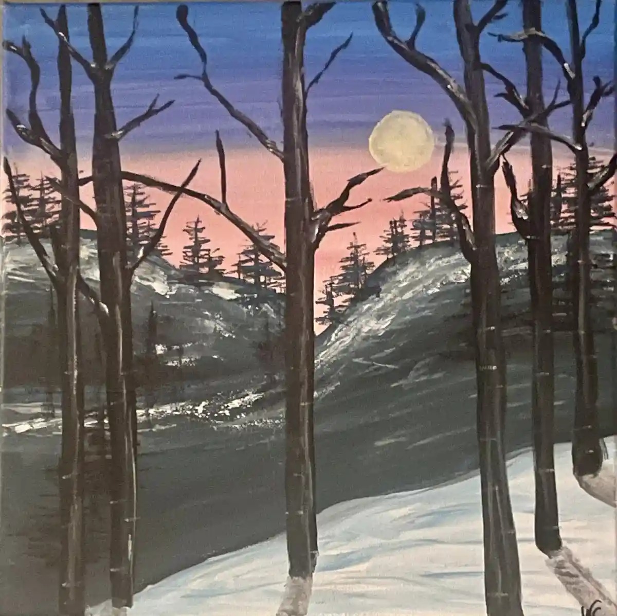 A painting depicts a snowy forest at dusk or dawn, with bare trees silhouetted against a gradient sky of blue and pink, a…