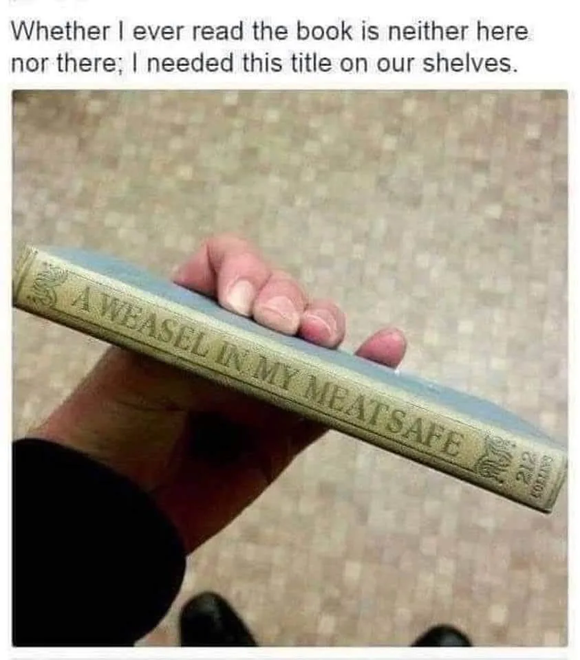 A hand holds a vintage-looking book with the title 'A WEASEL IN MY MEATS AFE' embossed on its spine. The overlaid text…