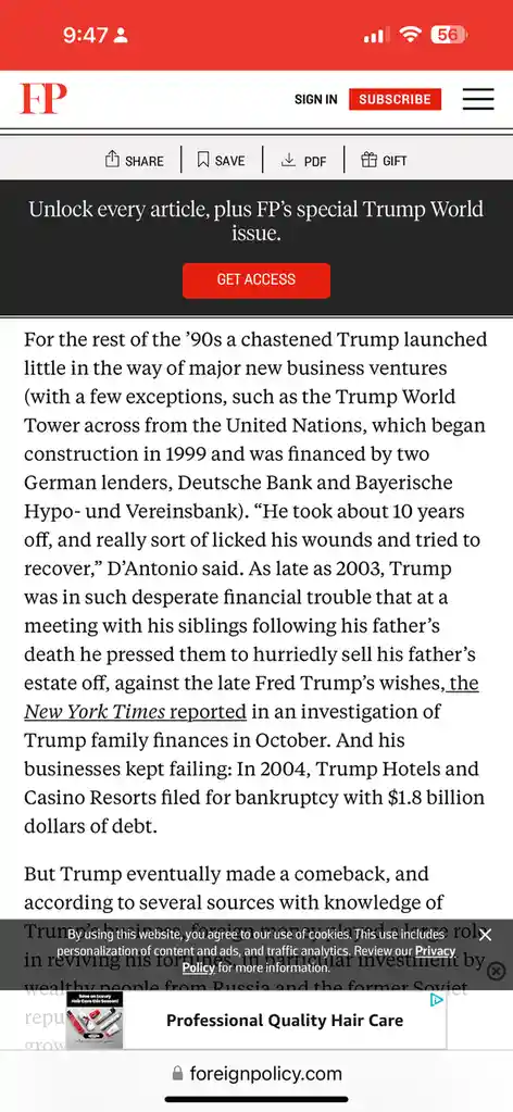 A screenshot of a Foreign Policy article discussing Donald Trump's financial struggles in the 1990s and early 2000s…