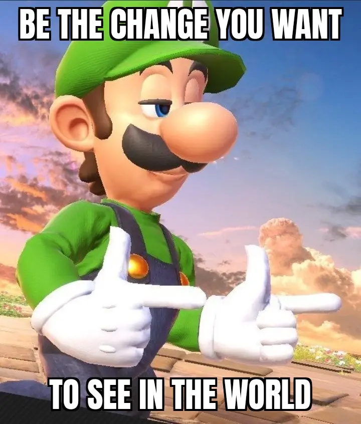 A 3d-rendered Luigi from the Mario franchise, wearing his green cap and overalls, points both index fingers forward with a…