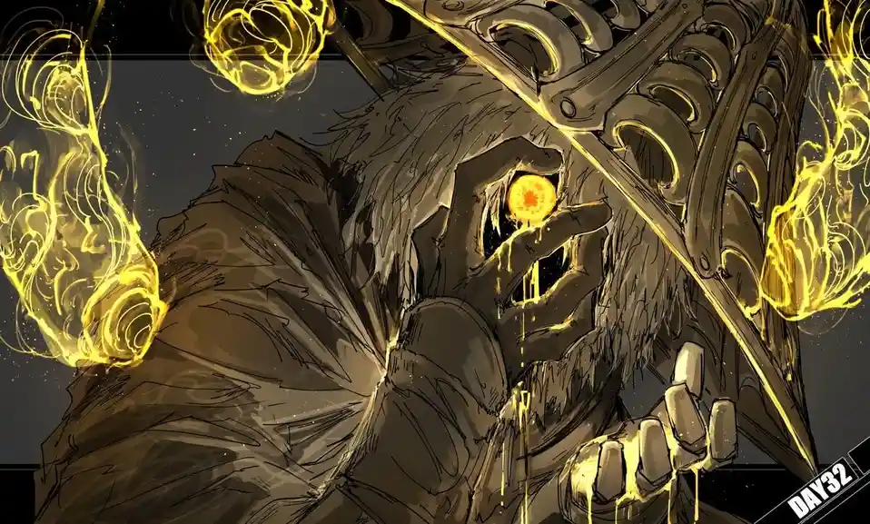 A dark, stylized illustration of a bearded, hooded figure holding a glowing yellow orb in one hand, with more orbs and…