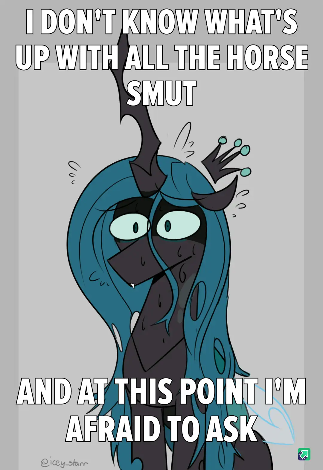 A cartoon pony with blue hair, dark skin, and horns looks visibly distressed and confused, sweating and with wide eyes. The…
