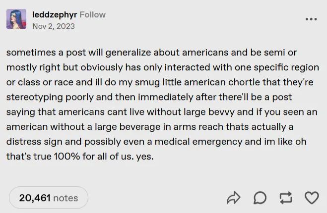 A screenshot of a Tumblr post by user 'leddzephyr' dated November 2, 2023, featuring a long text comment about how Americans…