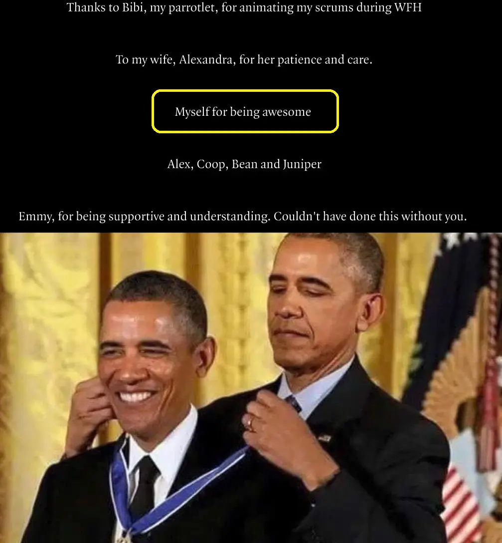 The image shows former President Barack Obama smiling broadly while receiving a medal, with another version of himself in…