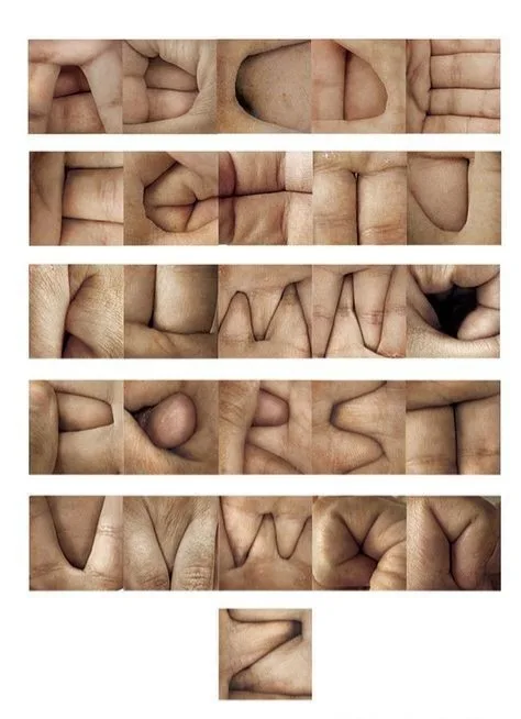 A grid of close-up images showing various hand gestures that collectively spell out the letter 'Z' using fingers and thumbs…