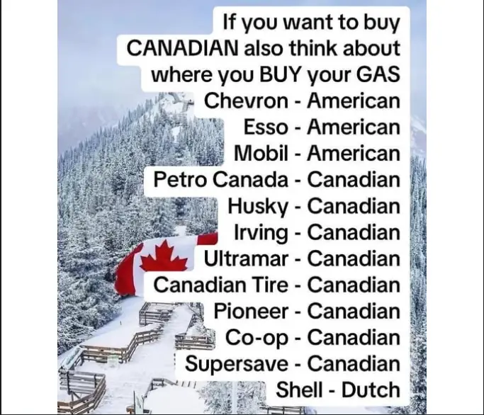 A snowy mountain landscape with a Canadian flag visible, overlaid with a list comparing gas station brands and their…
