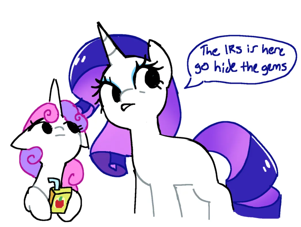 A cartoon drawing shows two pony characters: a larger white pony with a purple mane and tail, and a smaller white pony with…