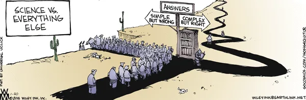 A cartoon depicts a long line of people in robes approaching a building labeled 'Answers' with two paths: 'Simple but wrong'…