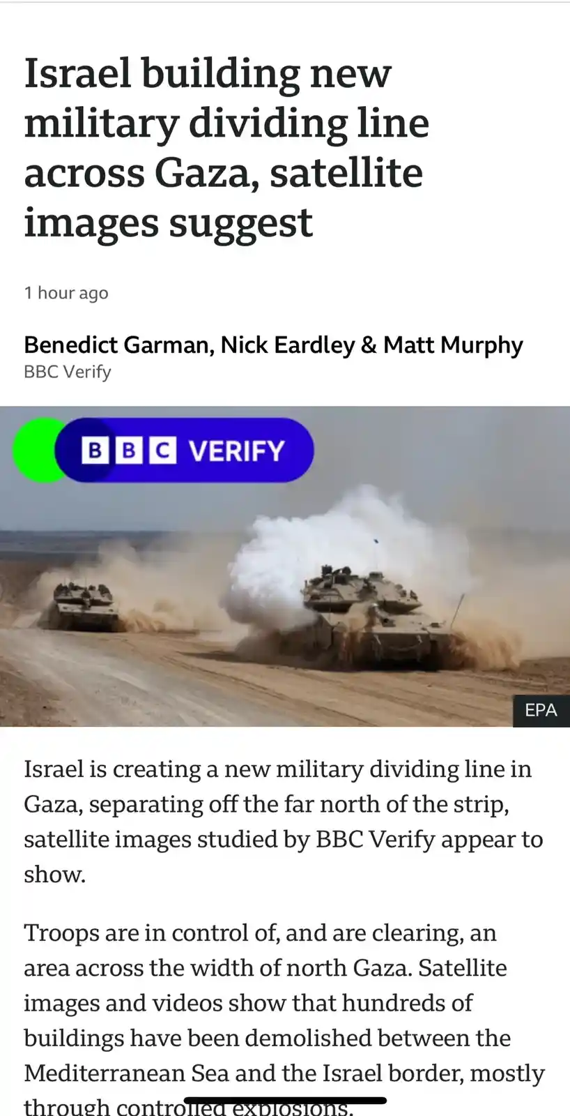 A screenshot of a BBC Verify news article with a headline about Israel building a new military dividing line across Gaza…