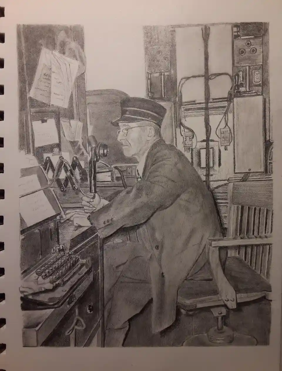 A pencil sketch depicts an elderly man in a uniform and cap, seated at a vintage radio station console with a microphone…