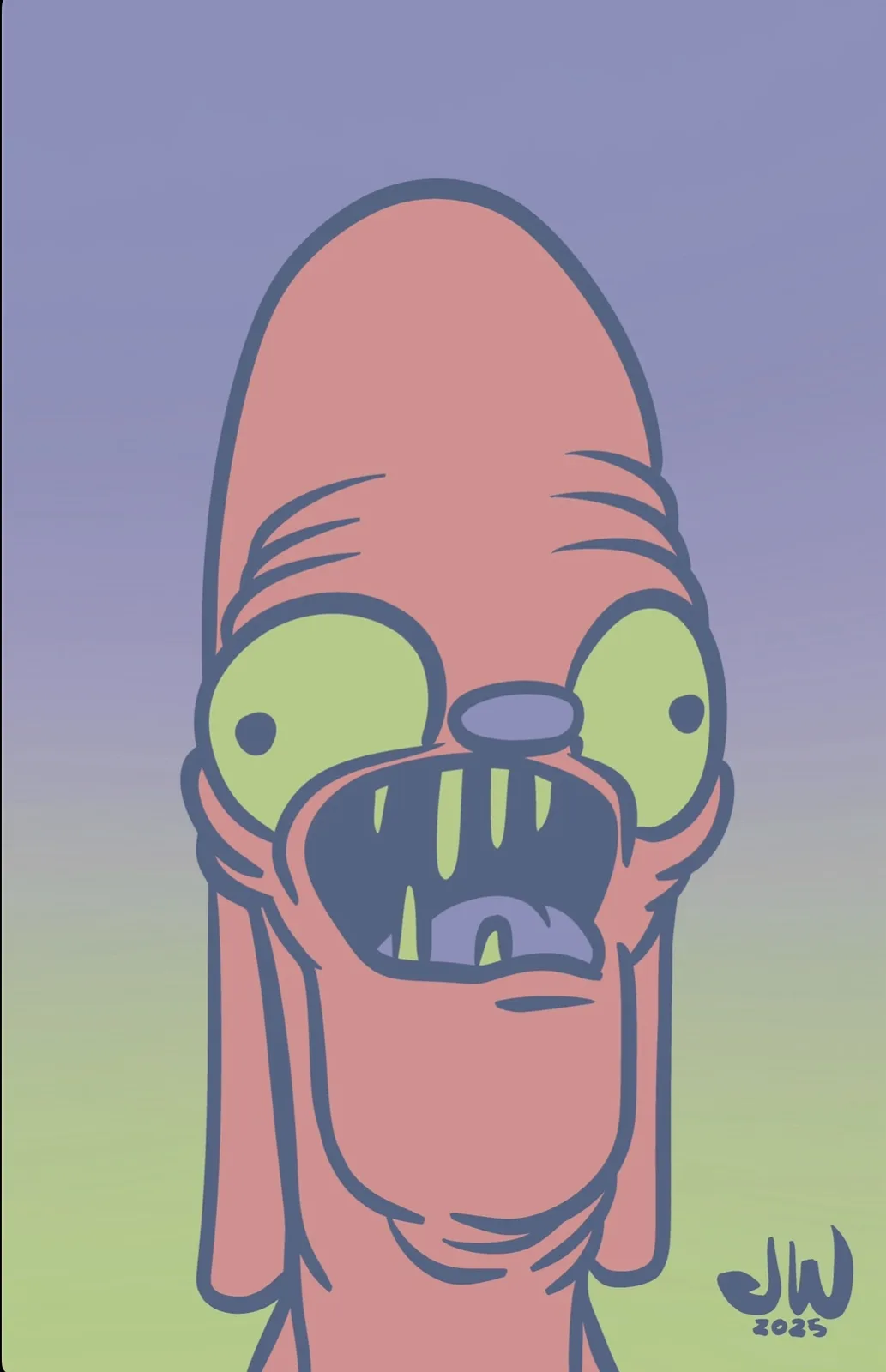 A cartoon character with a long, pink, bald head, wide green eyes, and an open mouth showing sharp teeth, appears to be…