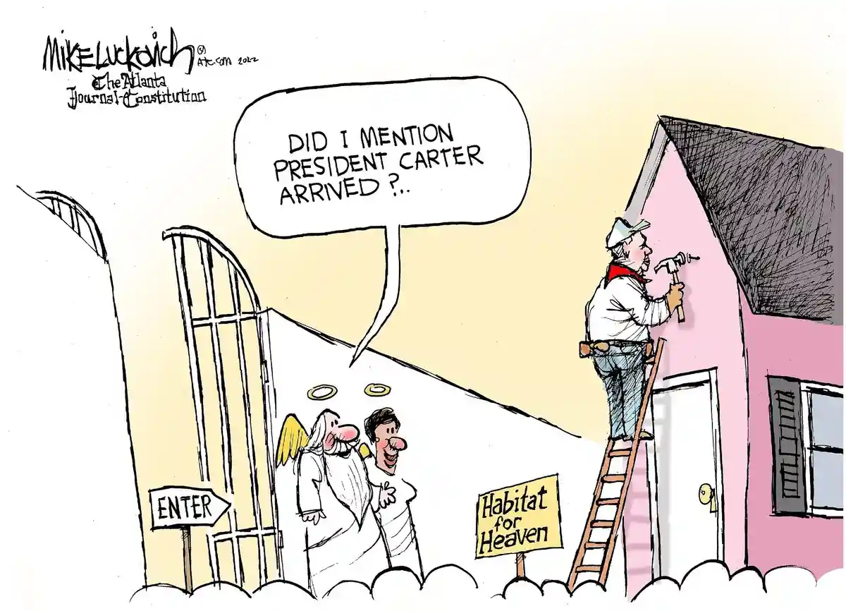 A cartoon depicts two angels standing at a gate labeled 'ENTER' beside a pink house under construction, with a sign reading…