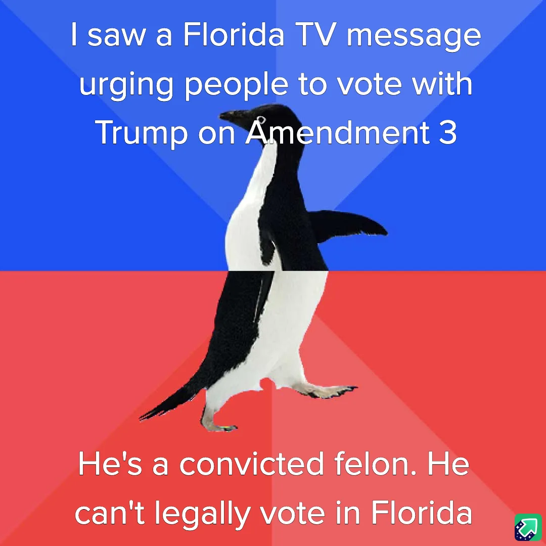 A penguin stands centered against a blue and red background, split horizontally. White text at the top reads 'I saw a…