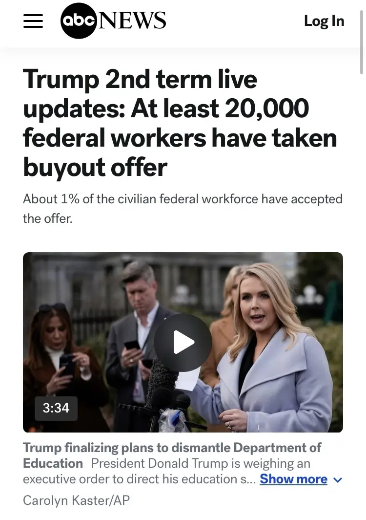 An abcnews.com webpage screenshot shows a headline about 20,000 federal workers accepting a buyout offer under a Trump 2nd…