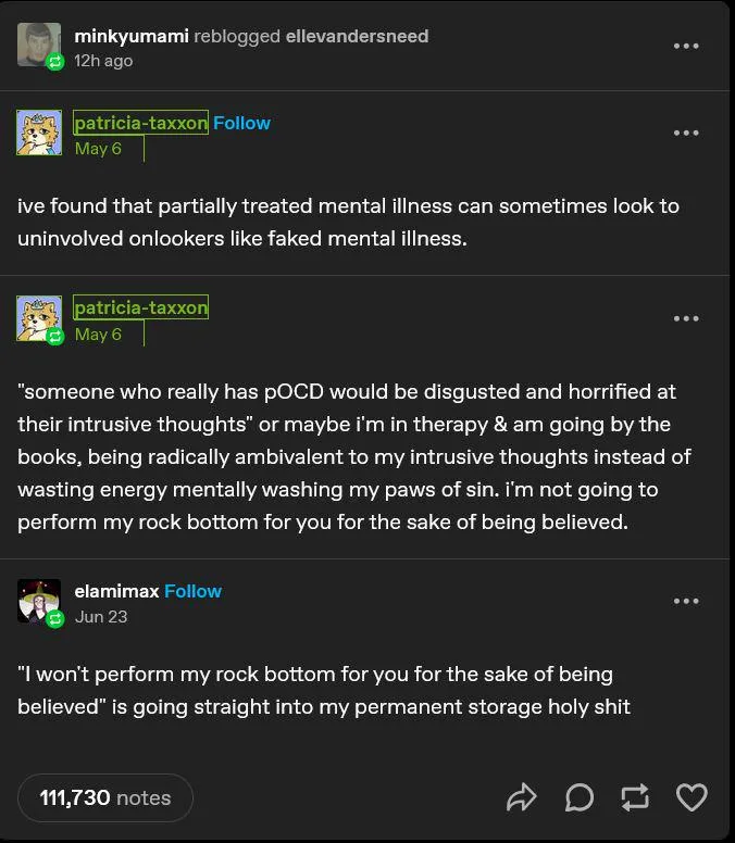 A screenshot of a Tumblr thread shows a user named 'patricia-taxxon' explaining that someone with pOCD (purely…