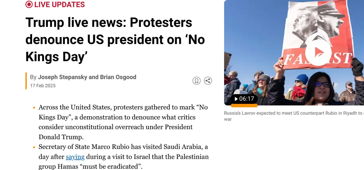 A screenshot of a news article titled 'Trump live news: Protesters denounce US president on 'No Kings Day'' is shown…