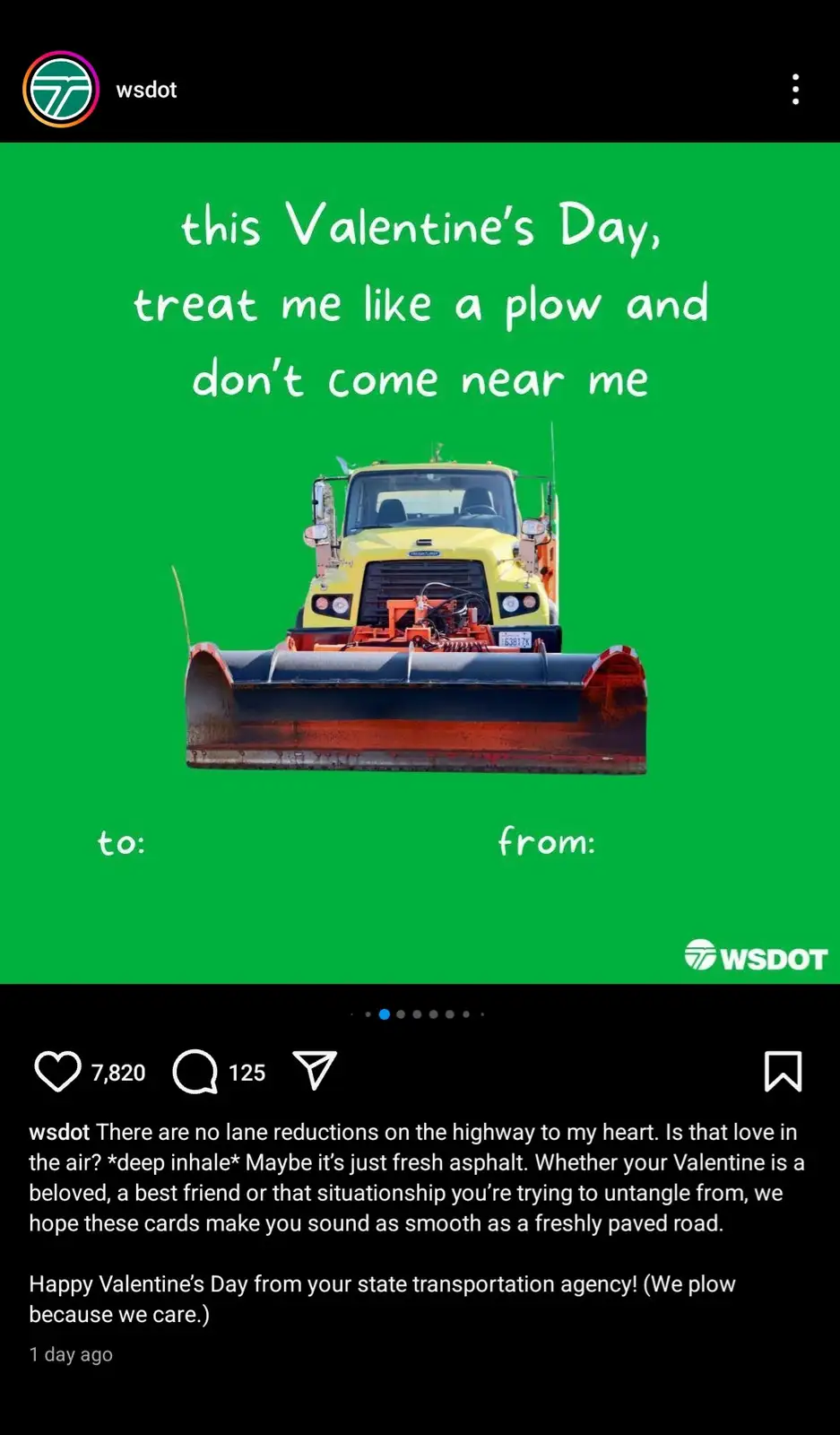 A bright green Valentine's Day card features a yellow snowplow truck with a large black blade. White text overlaid reads…