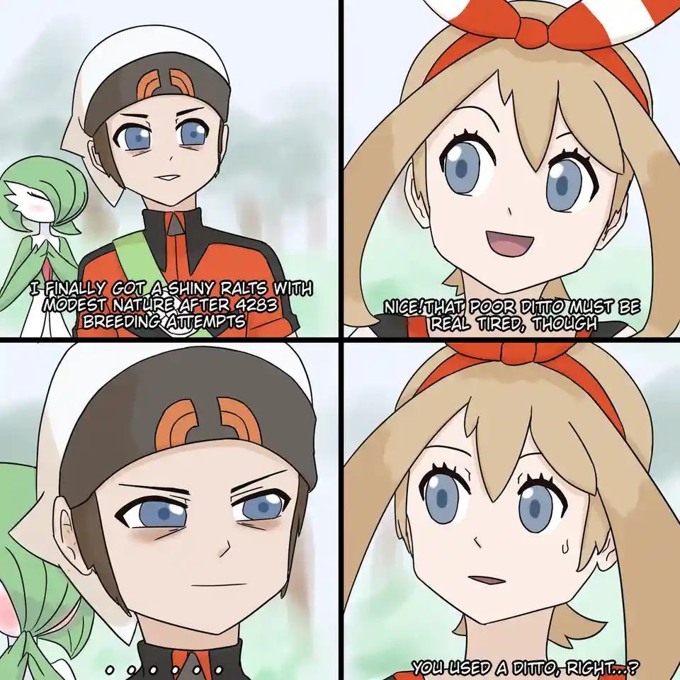 A four-panel Pokémon meme featuring a male trainer proudly announcing he got a shiny Ralts with a modest nature after 4283…