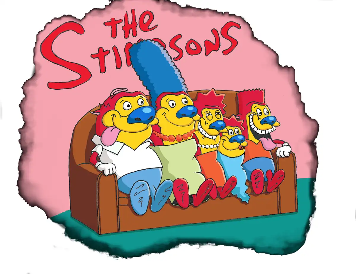 The image shows a cartoon family of five, resembling The Simpsons, sitting on a brown couch. They all have yellow skin, blue…