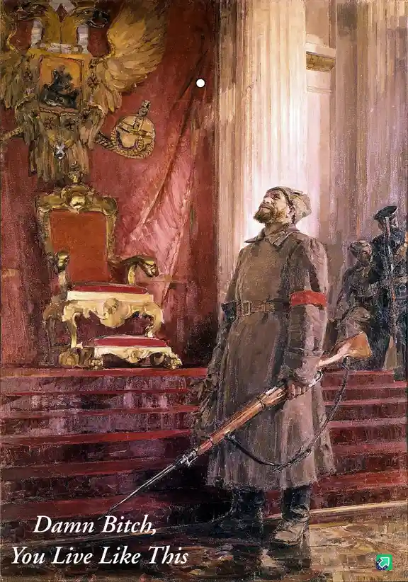 A historical painting depicts a bearded soldier in a grey uniform with a red armband standing in a grand hall with red…