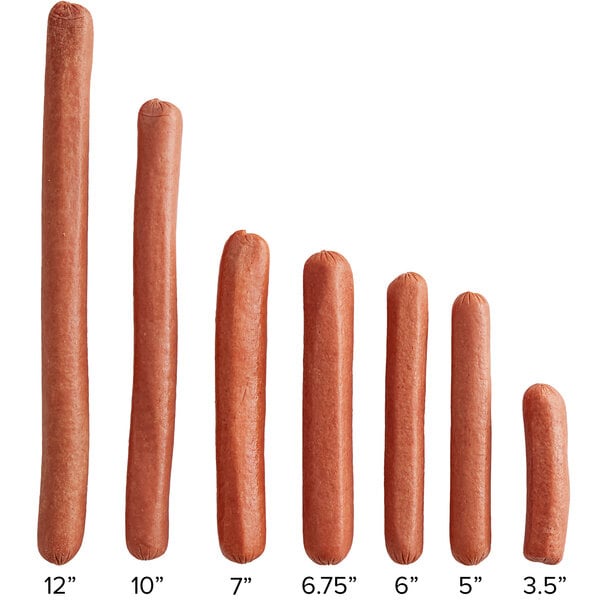 A row of seven hot dogs arranged in descending order of length from left to right, each labeled with its measurement in…
