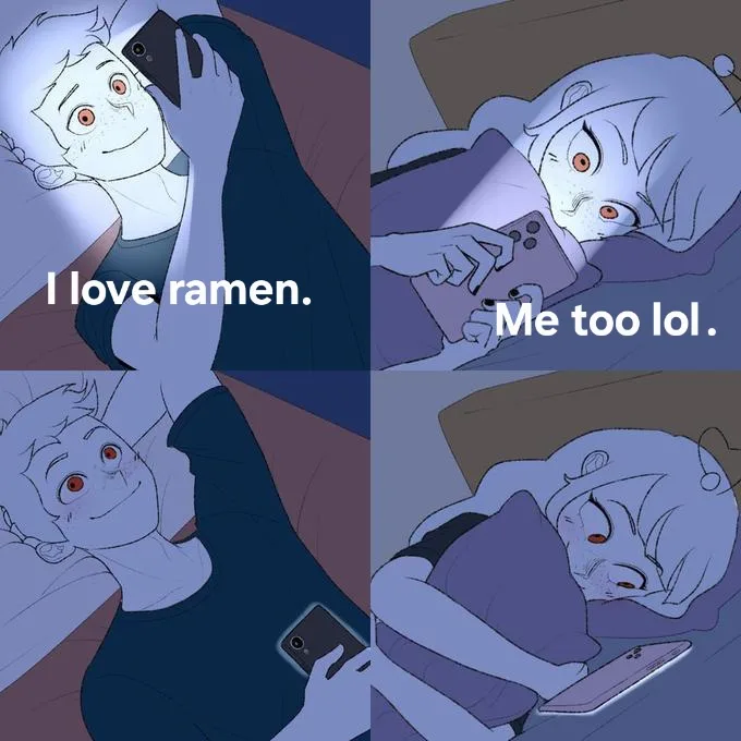 A four-panel anime-style comic shows a person in bed excitedly saying 'I love ramen.' The next panel shows another person in…