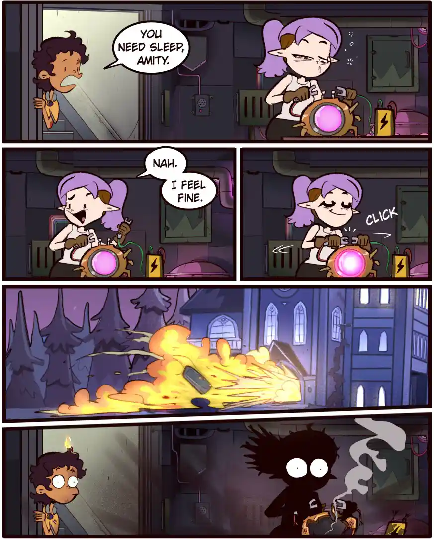 A comic strip shows a character urging Amity to sleep, but she refuses, claiming she feels fine. She then presses a button…