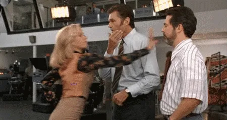 A six-panel image sequence from a movie scene showing a blonde woman in a patterned top and beige skirt physically…